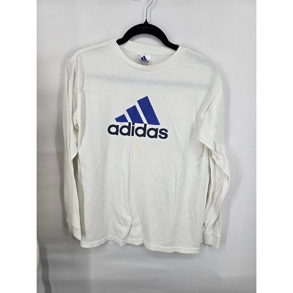 Adidas Kids XL White Long Sleeve Graphic T-Shirt Blue Logo Crew Neck Sportswear